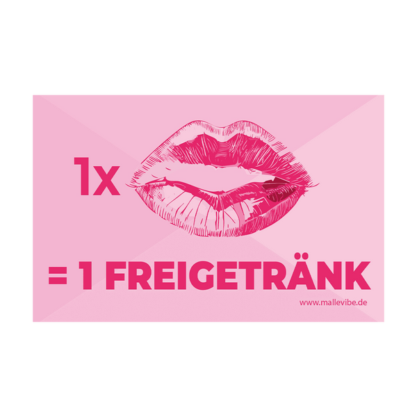 Mallorca Sticker „1x Kuss - Freigetränk" von MalleVibe – Rosa Hintergrund mit einer Illustration von gezeichneten…