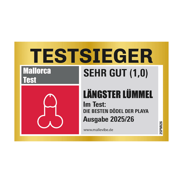 Testsieger-Sticker „Langer Lümmel XXL" (Gold) von MalleVibe – Mallorca Aufkleber im Magazin-Cover-Stil